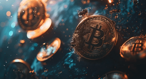 Digital bitcoins float above a blue and green abstract background with shimmering effects.